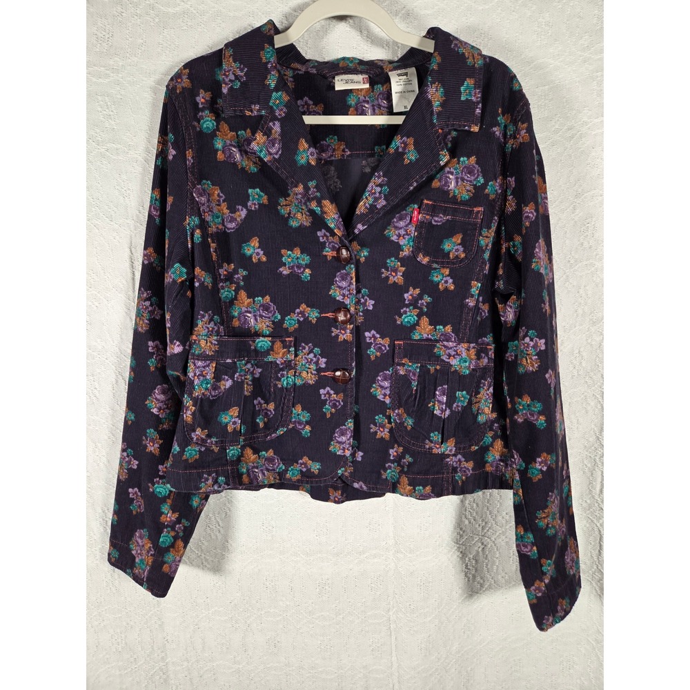 Levis Jeans Floral Corduroy‎ Jacket Womens XL Navy Purple Cropped Button Front
